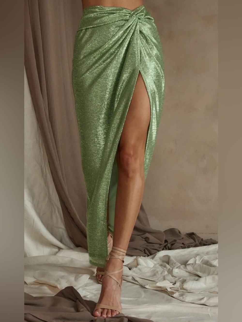 12th Tribe Metallic Light Green Maxi Skirt - Picture 6 of 9